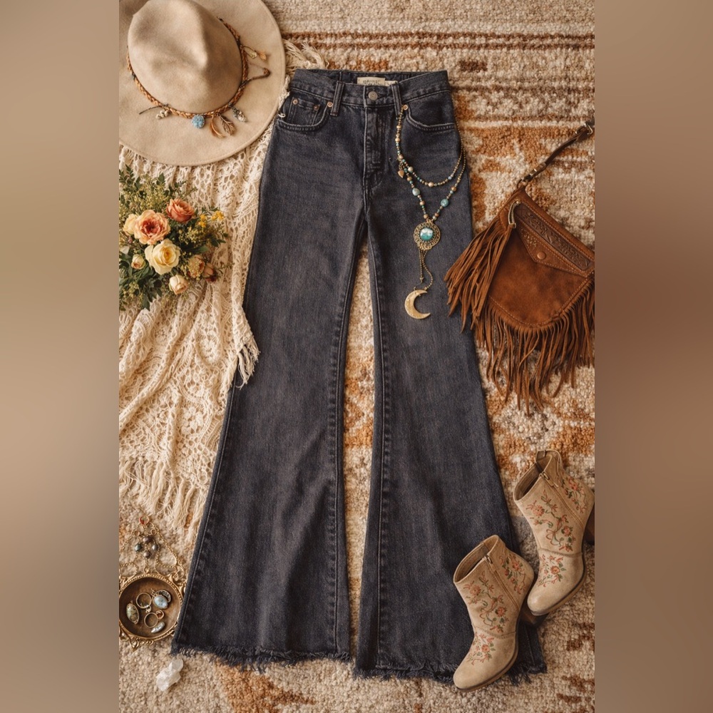 Free People US Made Charcoal Black Flare Jeans • Size 26 • Vintage Boho Raw Hem